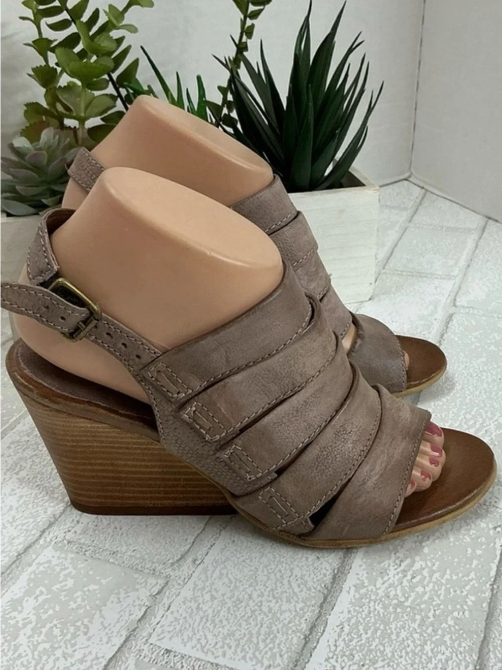 Miz Mooz Taupe Strappy Wedge Sandals